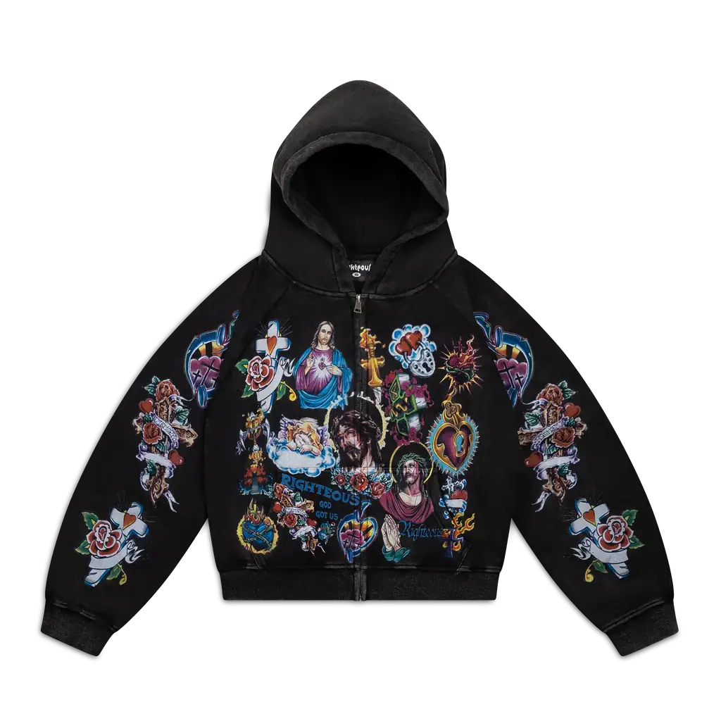 We Are Righteous Black “Risen King” Cropped Zip Up Hoodie