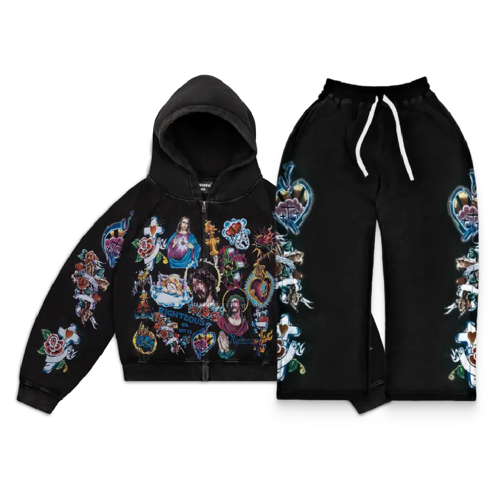 “Risen King” Cropped Zip Tracksuit (Black)