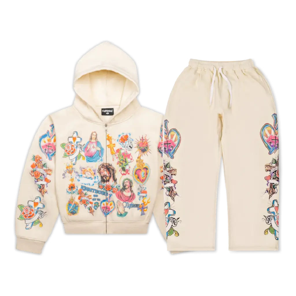 Risen King” Cropped Zip Tracksuit (Cream)